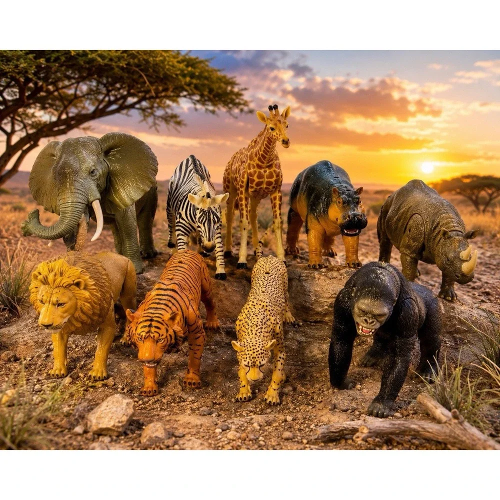 Vintage K&M Style Articulated Safari Animals 9 Pc Posable Wildlife Figure Lot
